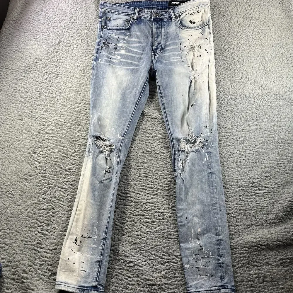 GFTD Los Angeles Mens Skinny Jeans 34x32 Light Wash Paint Splatter Distressed